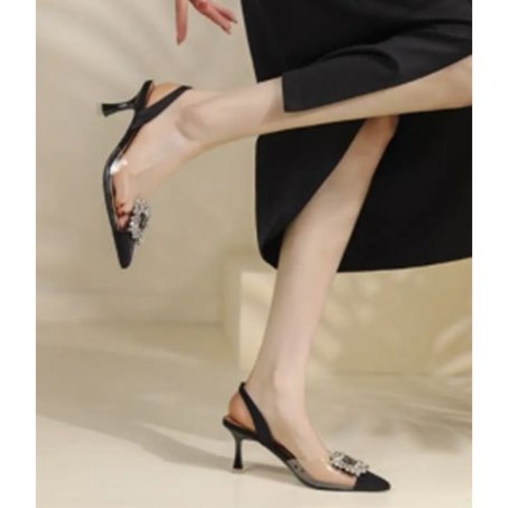 Black Clear Rhinestone Slingback Sandal Pumps - Picture 3 of 13